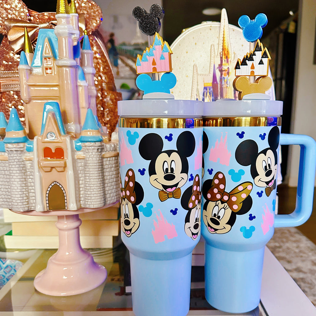 Ready to Ship: All Around Pink 50th Inspired Mouse Design on 40 oz Tumblers with Light Blue Gold Trim