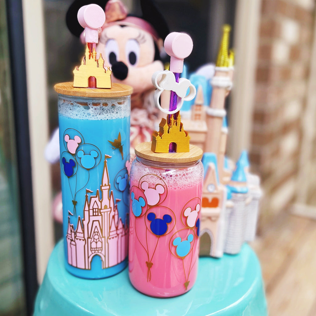 Pink 50th Castle and Balloon Inspired Clear Glass Can
