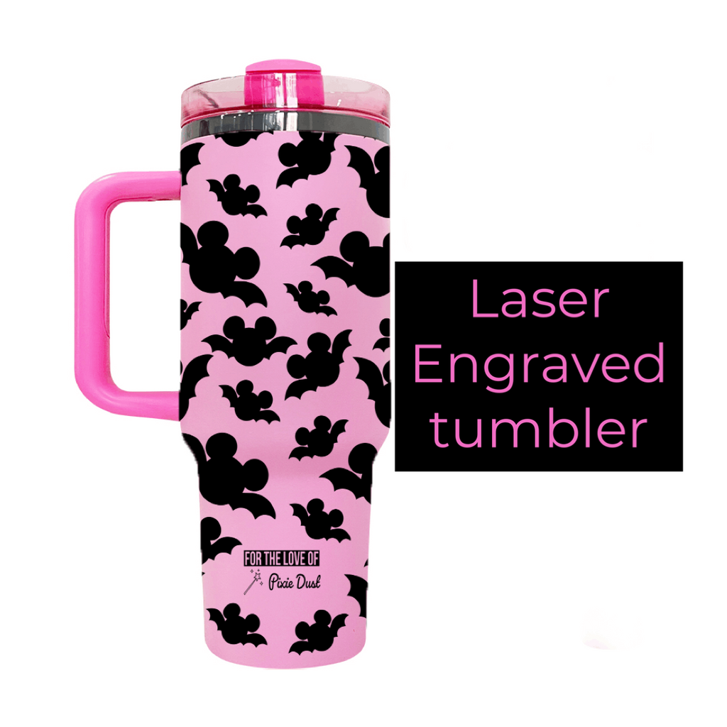 Preorder Mouse Bats Inspired Laser Engraved Tumblers on Pink w/ Black Metallic 40 oz Quencher Inspired Stainless Steel Tumbler
