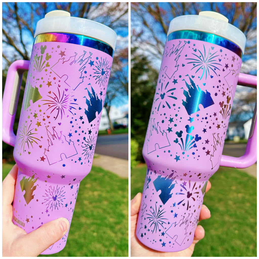 READY TO SHIP: Castle and Fireworks All Around Laser Engraved Tumblers on 40 oz Quencher Inspired Stainless Steel Tumbler