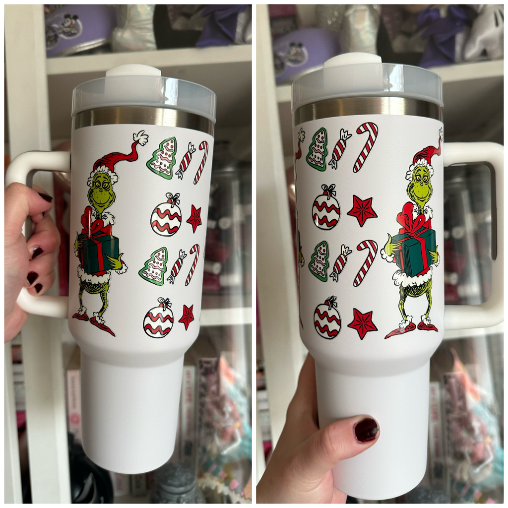 RTS 40 oz White Tumbler w/ Green Christmas Character Inspired