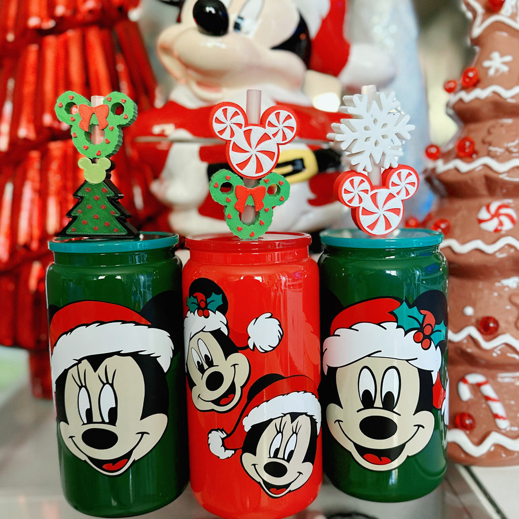 Santa Characters on Reusable Red or Green Shine Glass Can