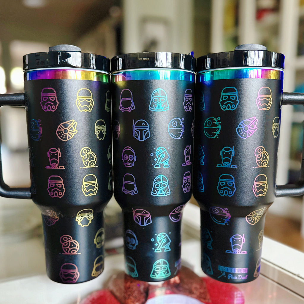 READY TO SHIP Star Characters Inspired Laser Engraved Tumblers on Black w/ Rainbow Metallic 40 oz Quencher Inspired Stainless Steel Tumbler