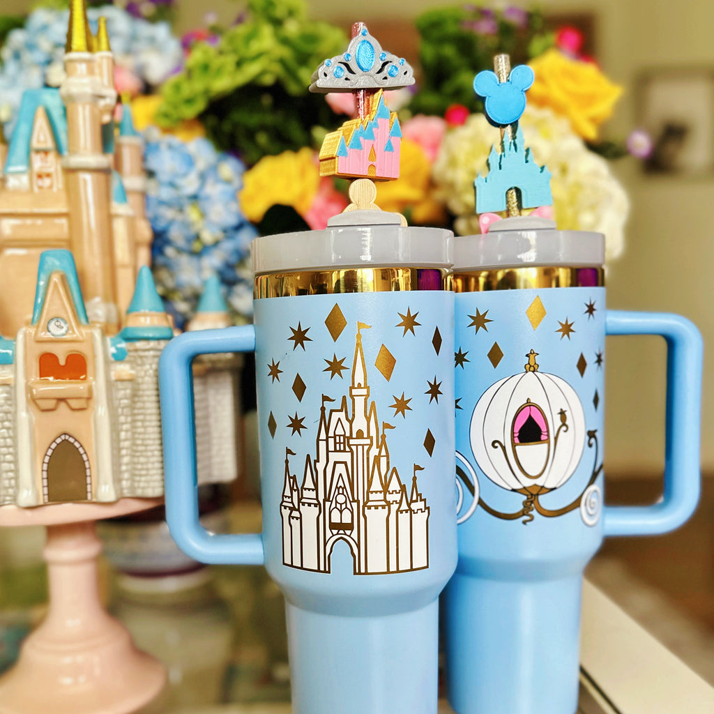 Ready to Ship: Castle and Carriage on 40 oz Tumblers with Light Blue Gold Trim