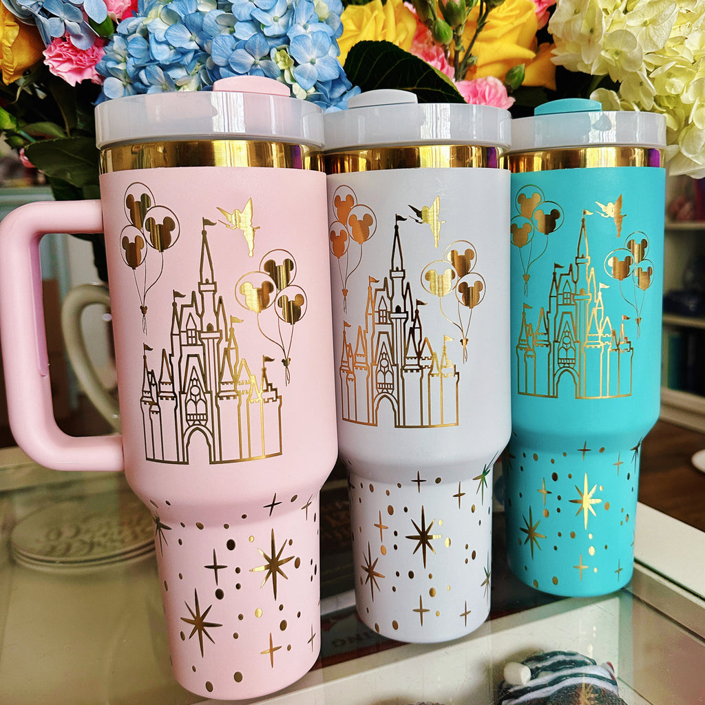 READY TO SHIP Gold Castle and Carriage on 40 oz Quencher Inspired Stainless Steel Tumbler