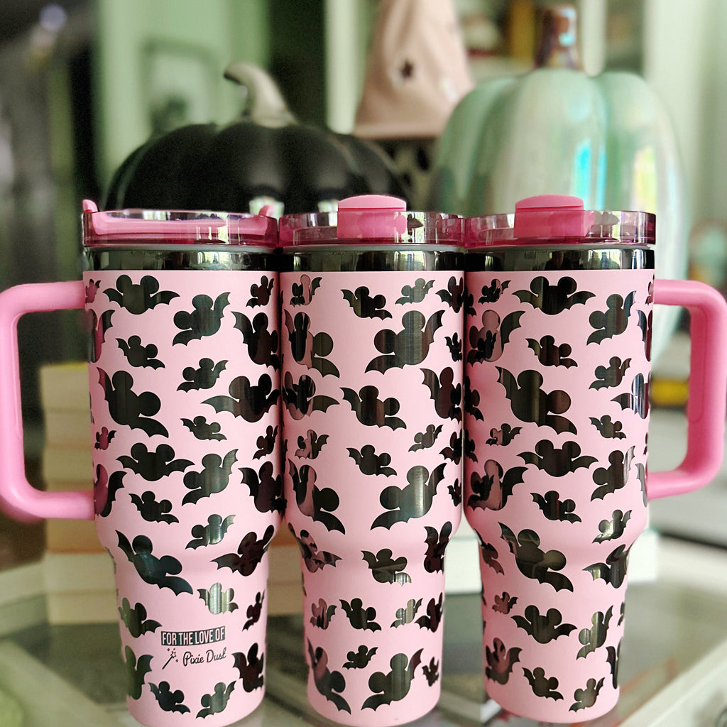 Ready to Ship Mouse Bats Inspired Laser Engraved Tumblers on Pink w/ Black Metallic 40 oz Quencher Inspired Stainless Steel Tumbler