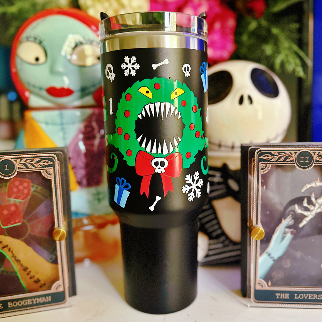 Nightmare Before Christmas Inspired Wreath Holiday on Black 40 oz Quencher Tumbler