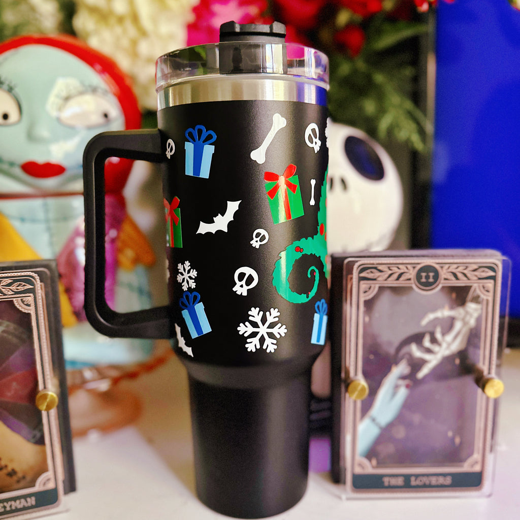 Nightmare Before Christmas Inspired Wreath Holiday on Black 40 oz Quencher Tumbler