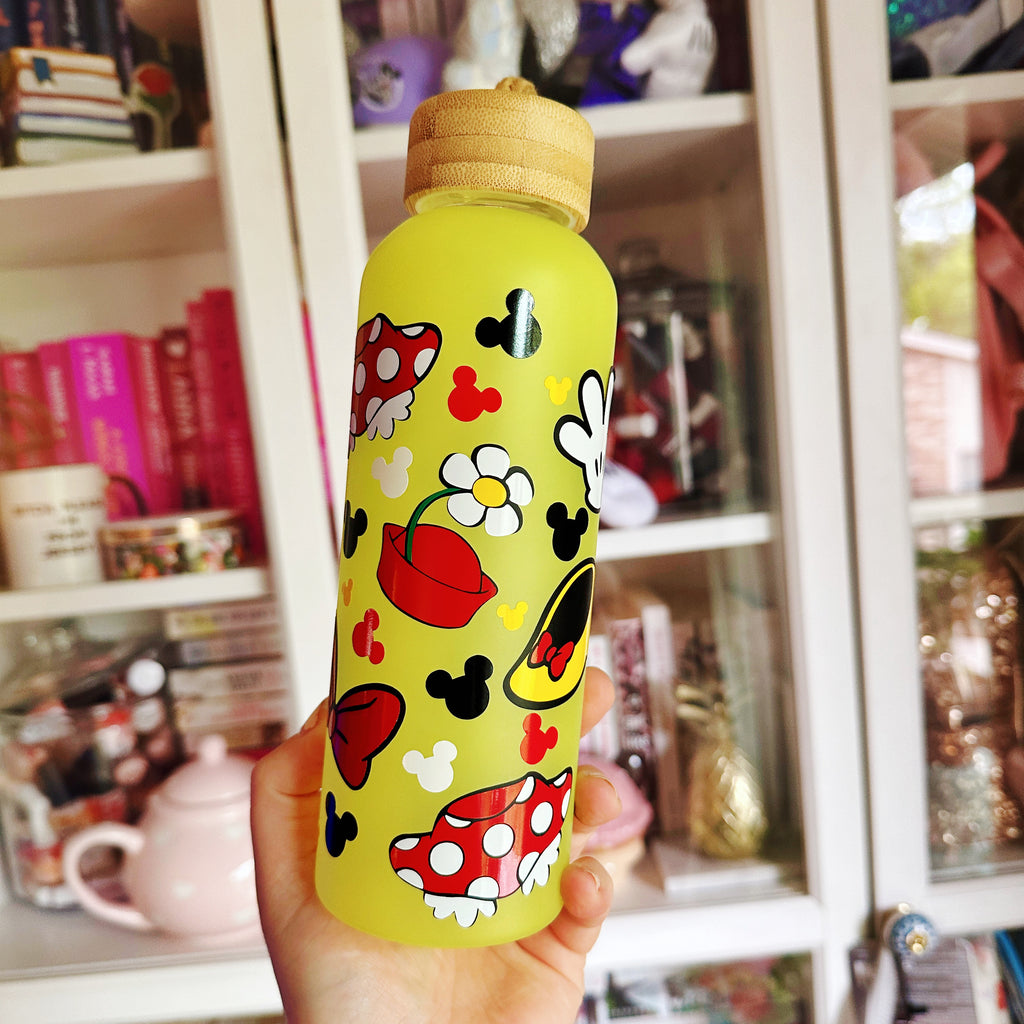 All Around Mouse w/ bow Favorite Things on Yellow Glass Water Bottle