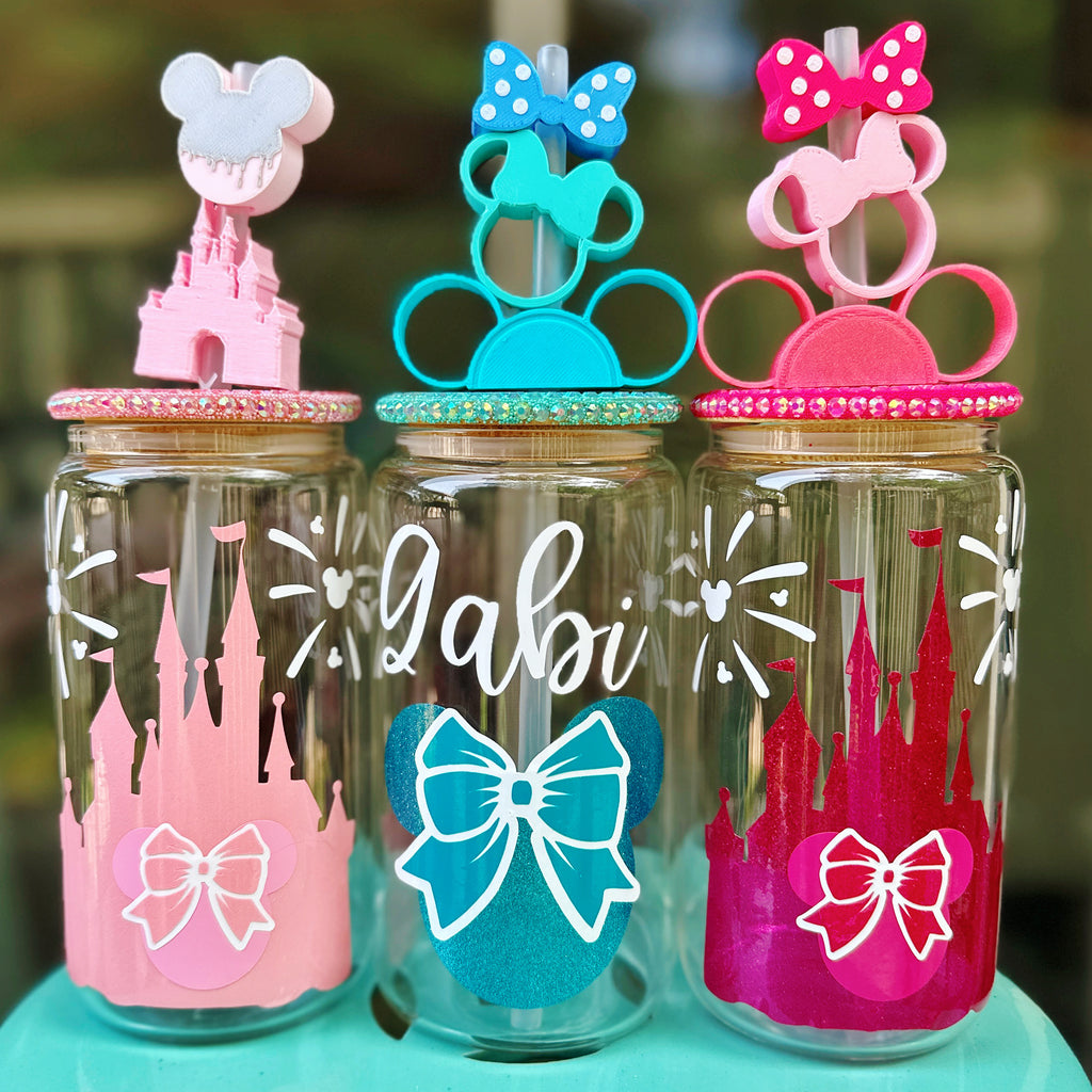 WEEKEND EXCLUSIVE: Glitter Mouse Head Designs on Glass Can w/ matching bling lid