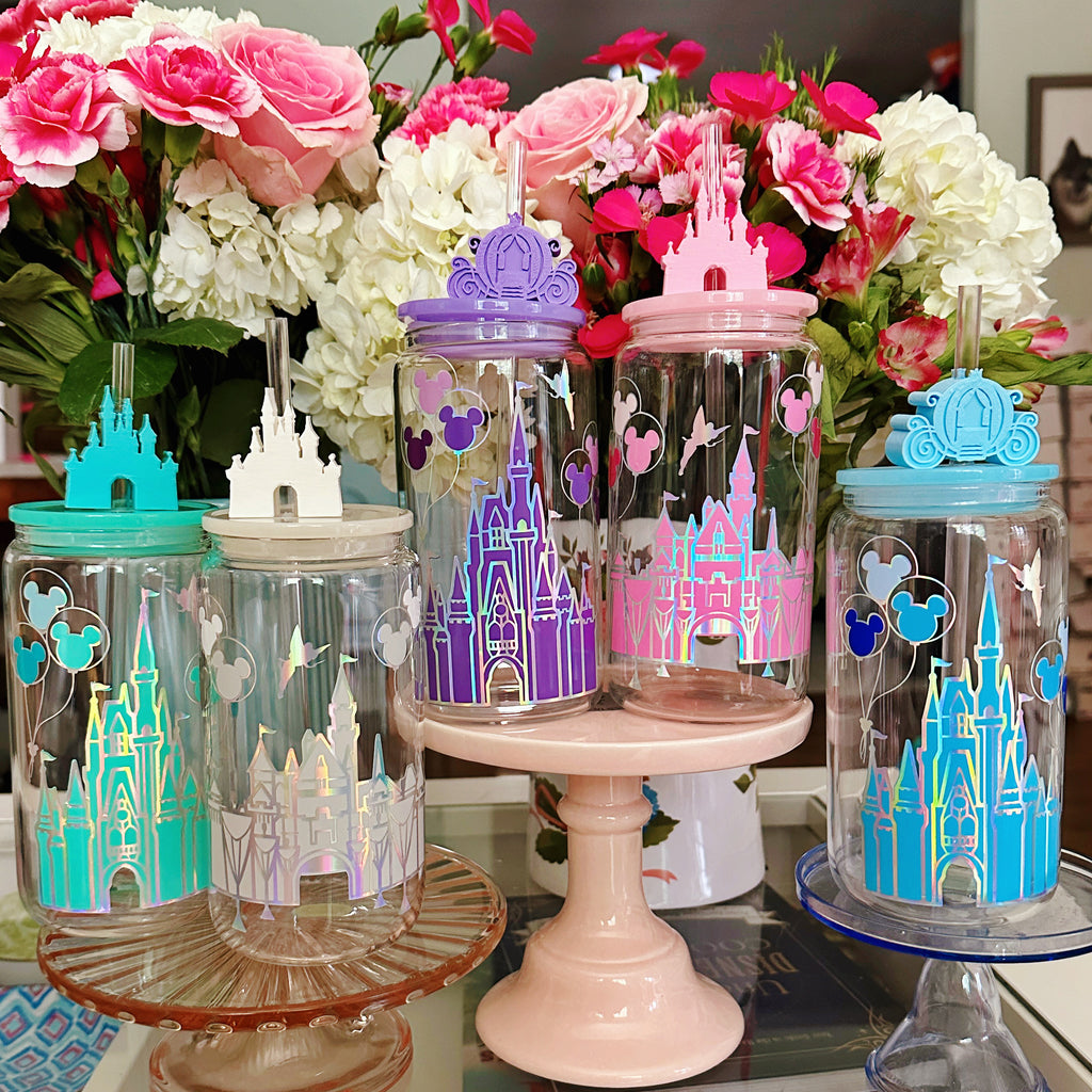 Colorful Castle with Ombre Balloons Inspired Clear Glass Can with Matching Lid
