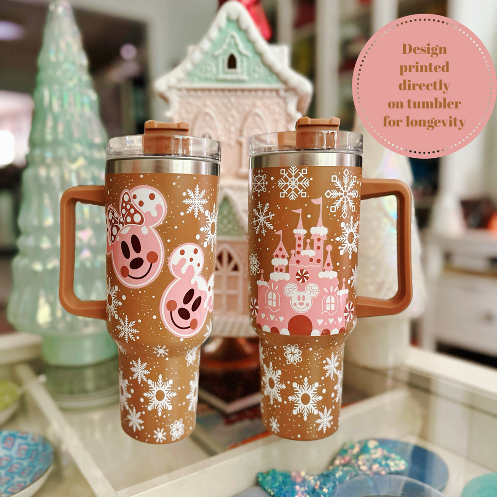 Pink Gingerbread Castle and Pink Gingerbread Faces on 40 oz Quencher Tumbler