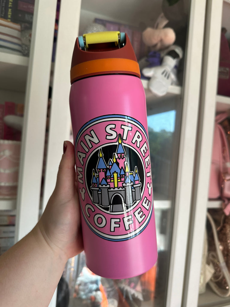 RTS 32 oz Hot Pink Stainless Steel Water Bottle w/ Main Street Coffee Inspired