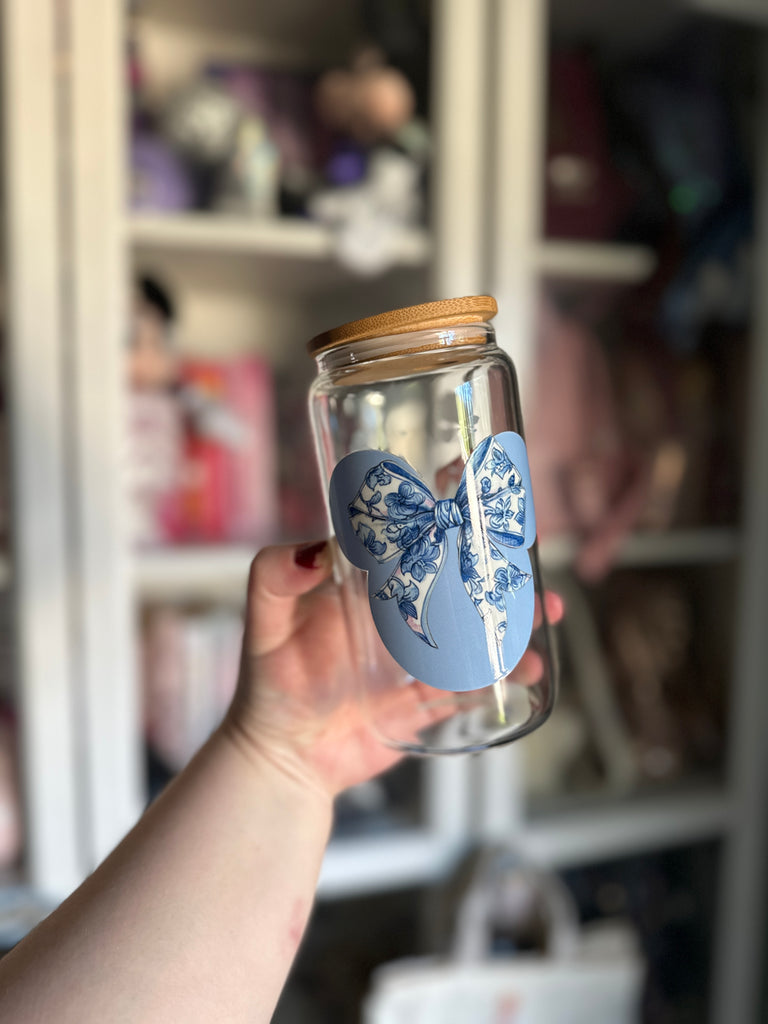 RTS 16 oz Clear Glass Can w/ Blue and White Mouse Head & Castle