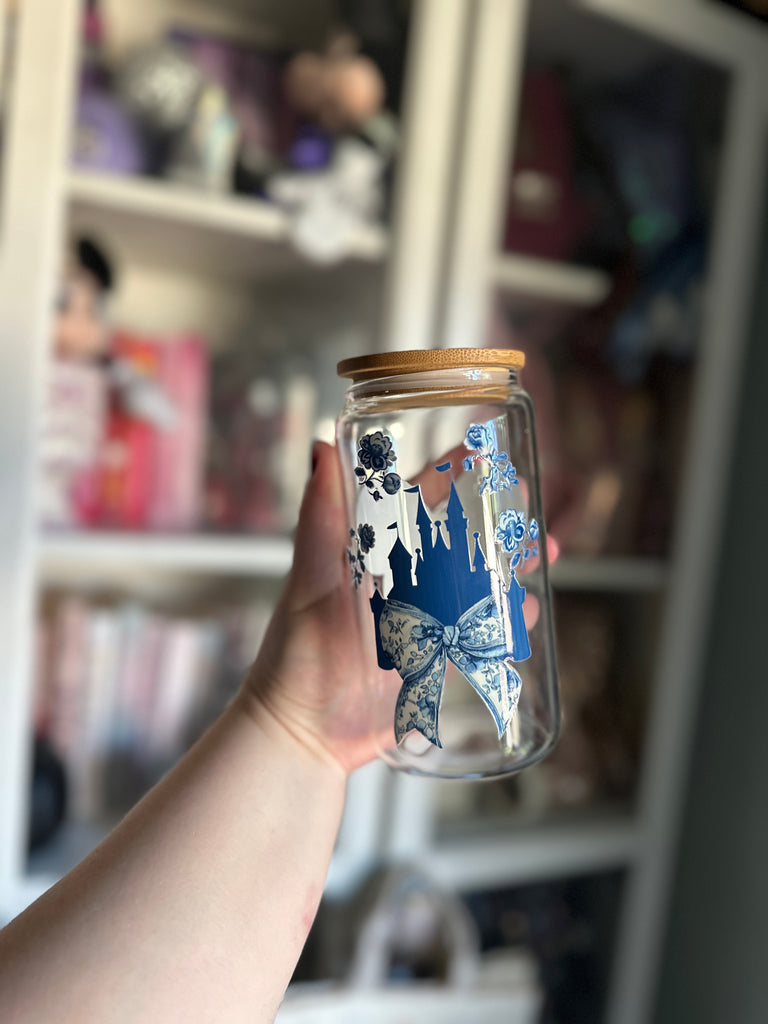 RTS 16 oz Clear Glass Can w/ Blue and White Mouse Head & Castle