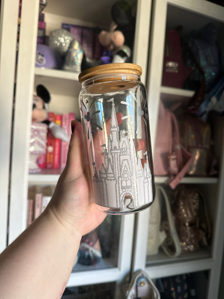 RTS 16 oz Clear Glass Can w/ Pink Color Changing Castle