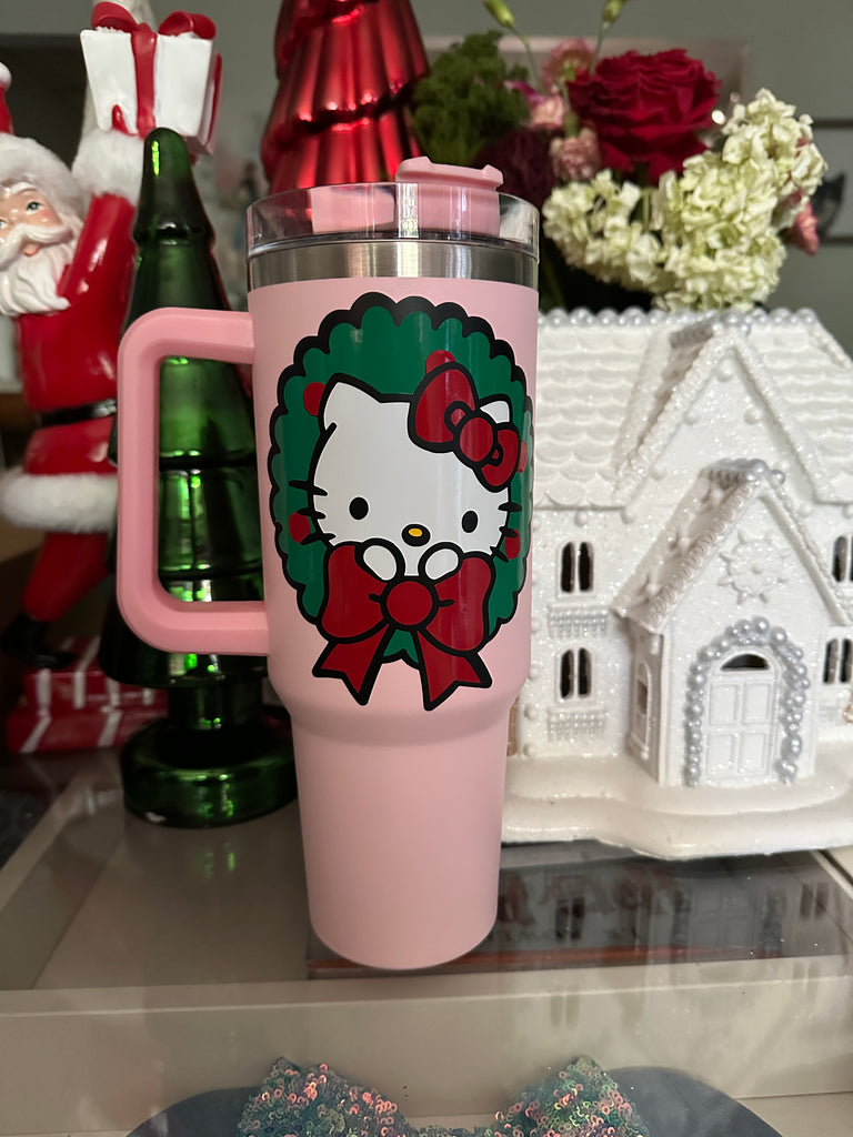 RTS 40 oz Light Pink Tumbler w/ Christmas Kitty