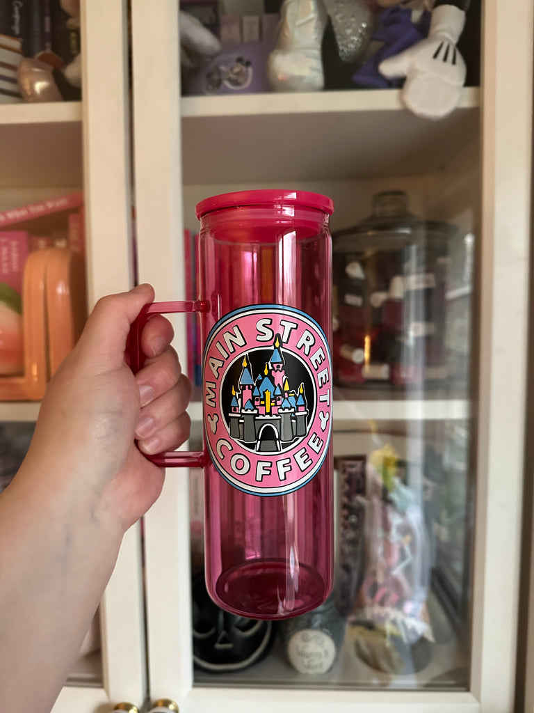 RTS 20 oz Glass Can w/ Handle- Hot Pink w/ Coffee