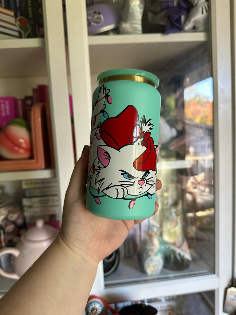 Ready to Ship Seafoam 16 oz Stainless Steel Can w/ Christmas Cat