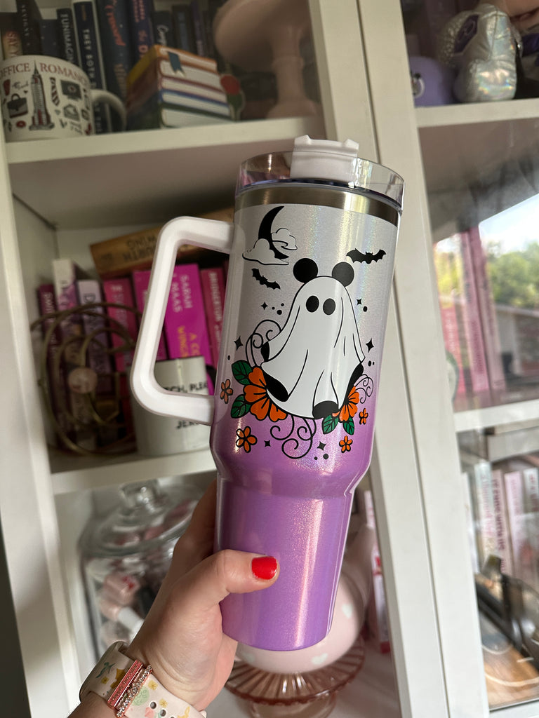 RTS Stainless Steel 40 oz White to Purple Tumbler w/ Ghost with Flowers