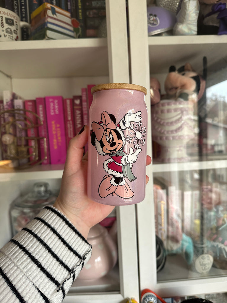 Ready to Ship Christmas Minnie Inspired on Light Pink Glitter Glass Can