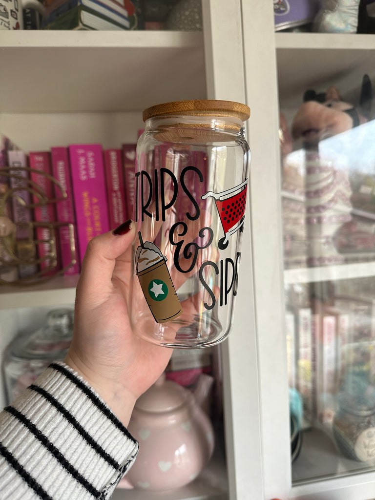 Ready to Ship Trips and Sips Inspired on Glass Can