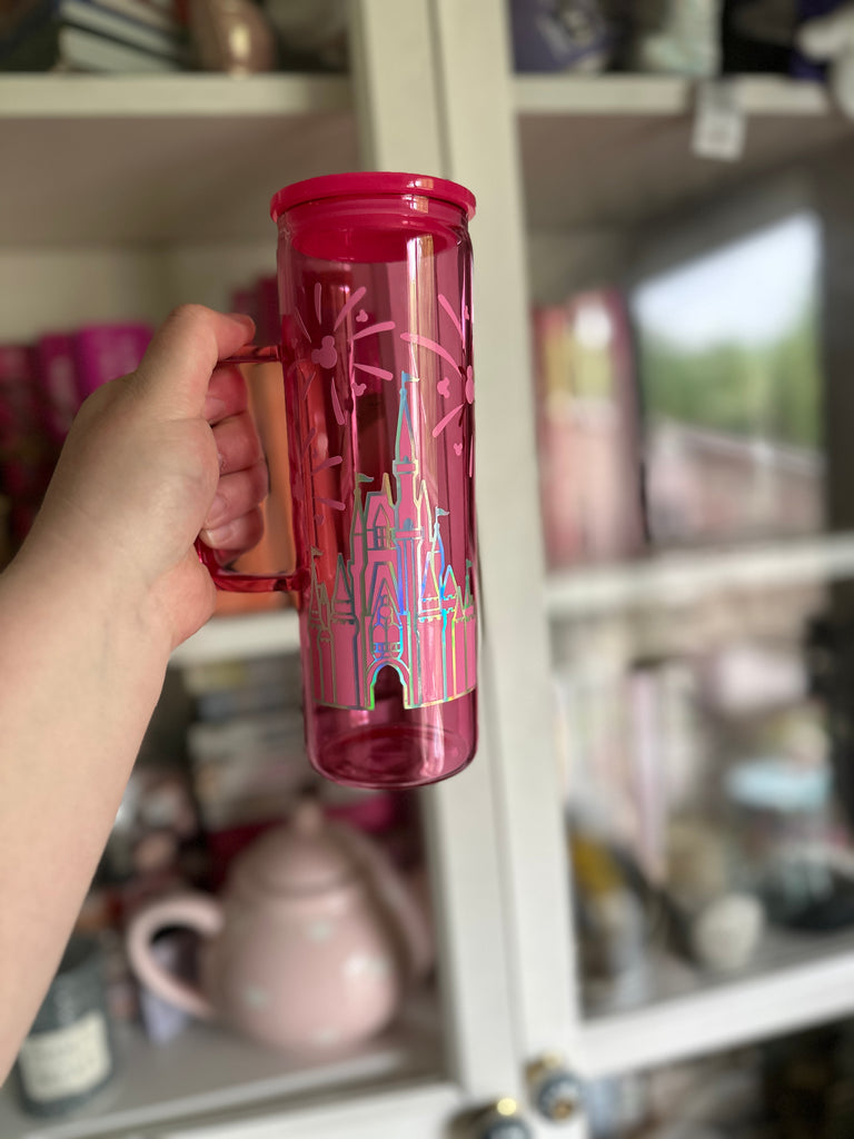 RTS 20 oz Glass Can w/ Handle- Hot Pink w/ Castle