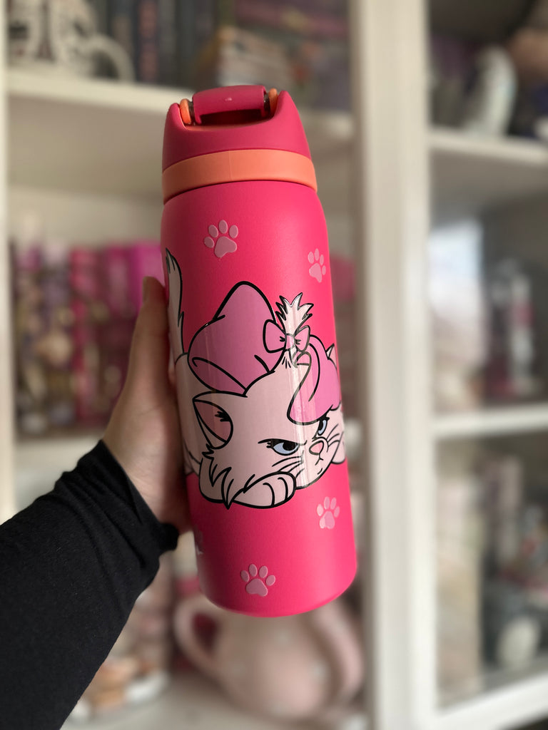 RTS 32 oz Hot Pink Stainless Steel Water Bottle w/ Marie Cat Inspired