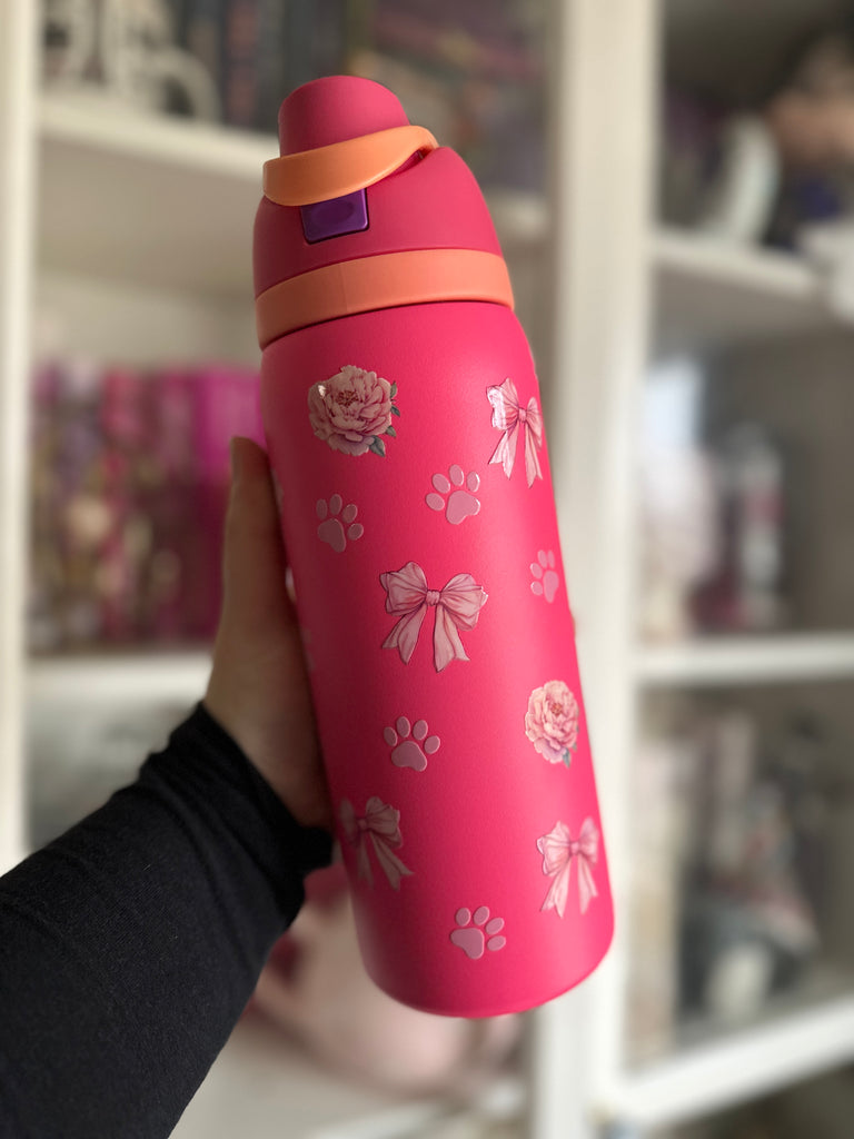 RTS 32 oz Hot Pink Stainless Steel Water Bottle w/ Marie Cat Inspired