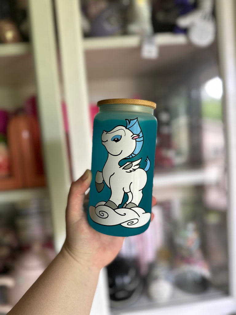 RTS 16 oz Teal Color Changing Glass Can w/ Pegasus Inspired