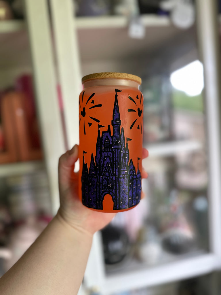 RTS 16 oz Orange Color Changing Glass Can w/ Haunted Castle