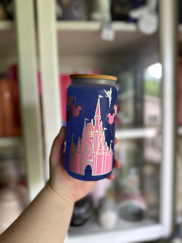 RTS 16 oz Blue Color Changing Glass Can w/ Pink Castle