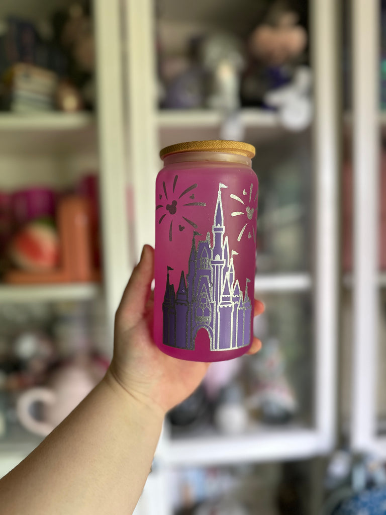 RTS 16 oz Magenta Color Changing Glass Can w/ Purple Castle