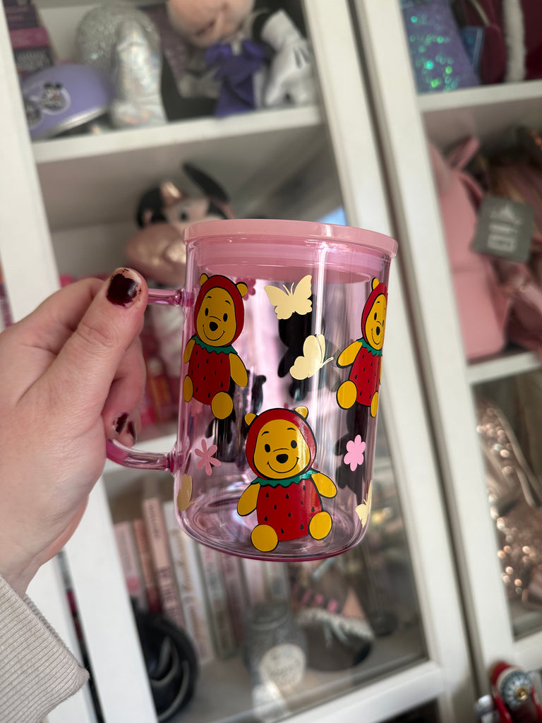 RTS Light Pink Glass Mug w/ Strawberry Pooh Bear