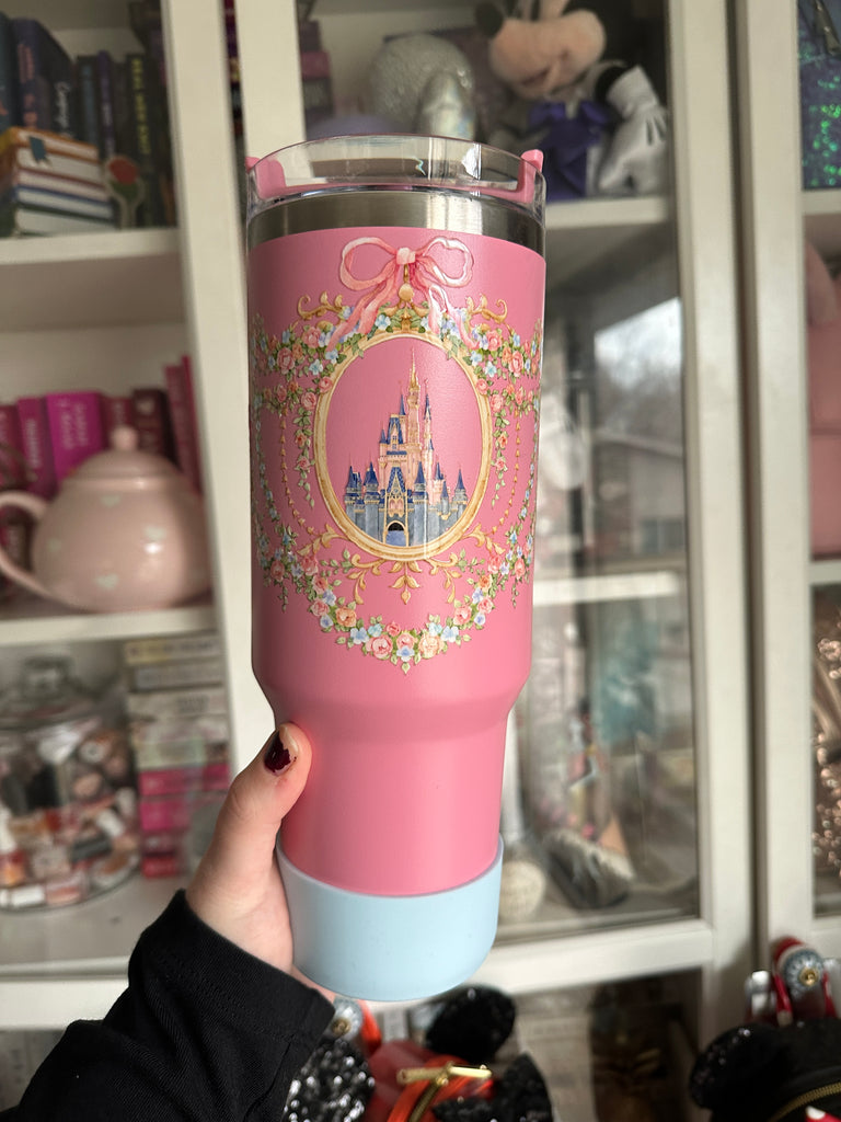 RTS 40 oz Pink Tumbler w/ Dreamy Castle Inspired and bumper