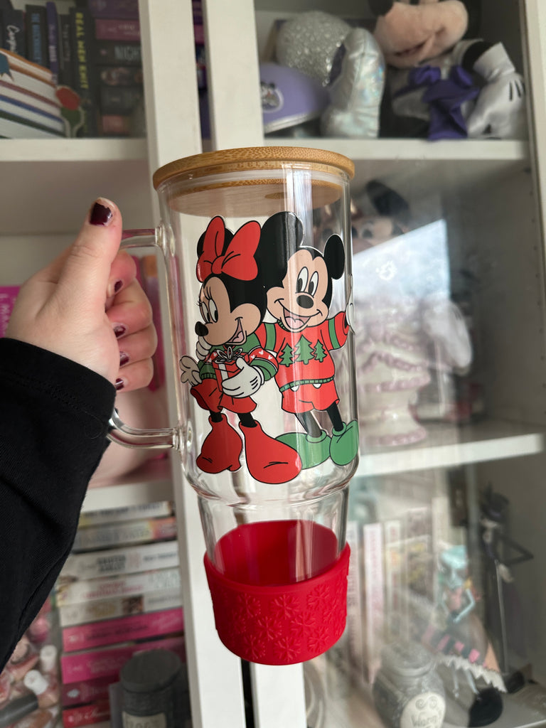 Ready to Ship 40 oz Glass Tumbler w/ Handle and Bumper: Mouse Couple in Christmas Sweaters