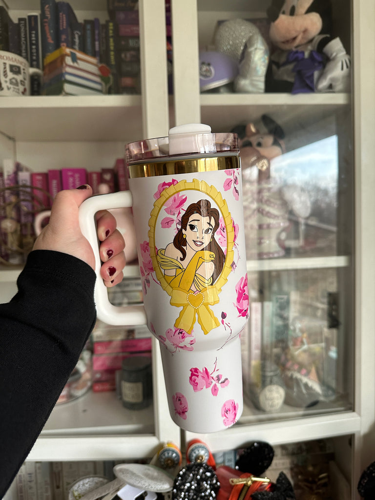 RTS 40 oz White Floral Floral Tumbler w/ Enchanted Rose Princess Inspired