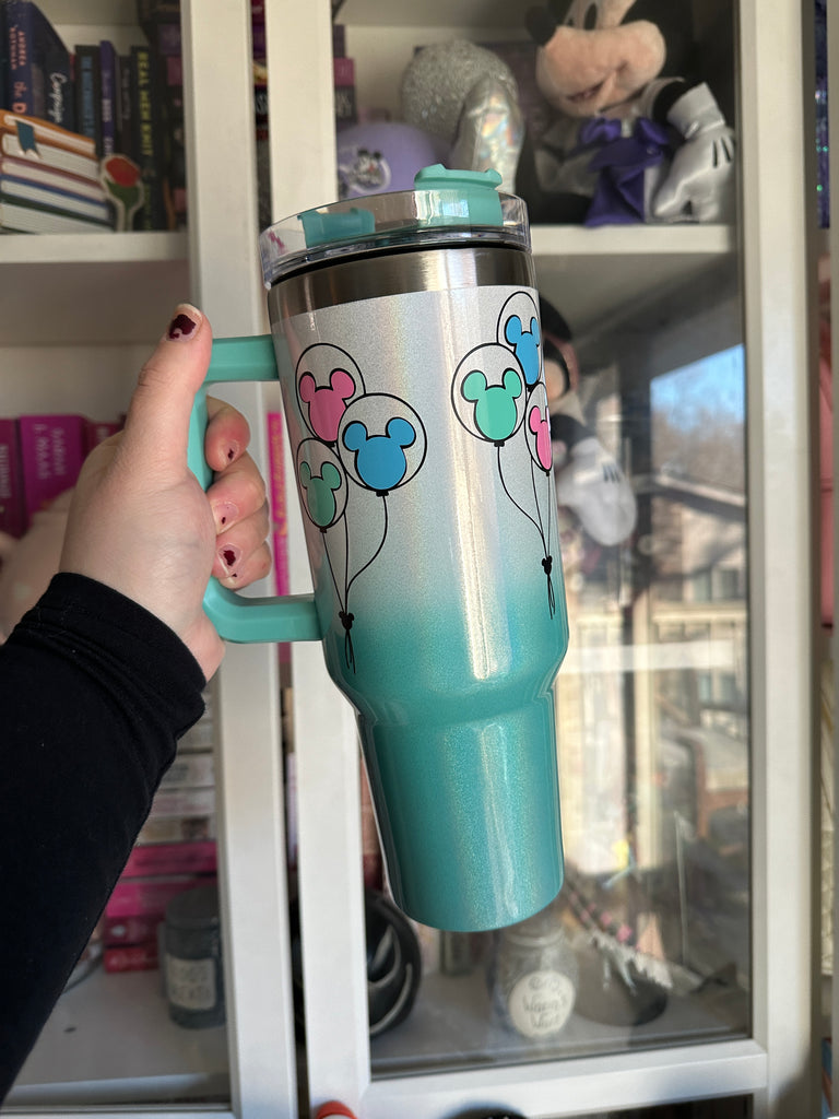 RTS 40 oz White to Teal Ombre Tumbler w/ Balloons