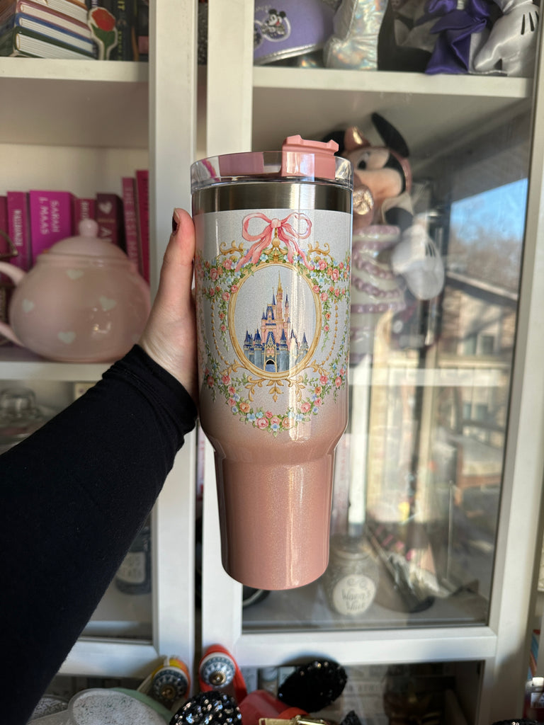 RTS 40 oz White to Peach Ombre Tumbler w/ Dreamy Castle