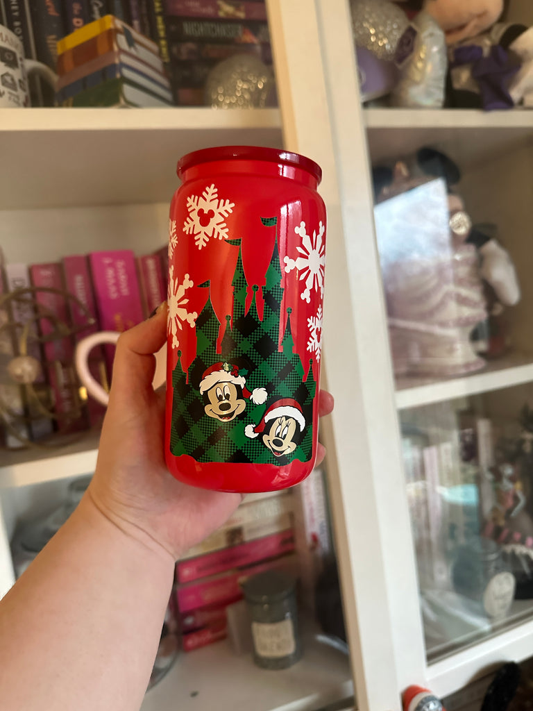 Ready to Ship Chipmunk Christmas Castle Inspired on Red 16 oz Glass Can