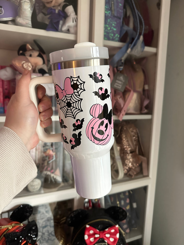 RTS 40 oz White Tumbler w/ Pink and Black Mouse Halloween