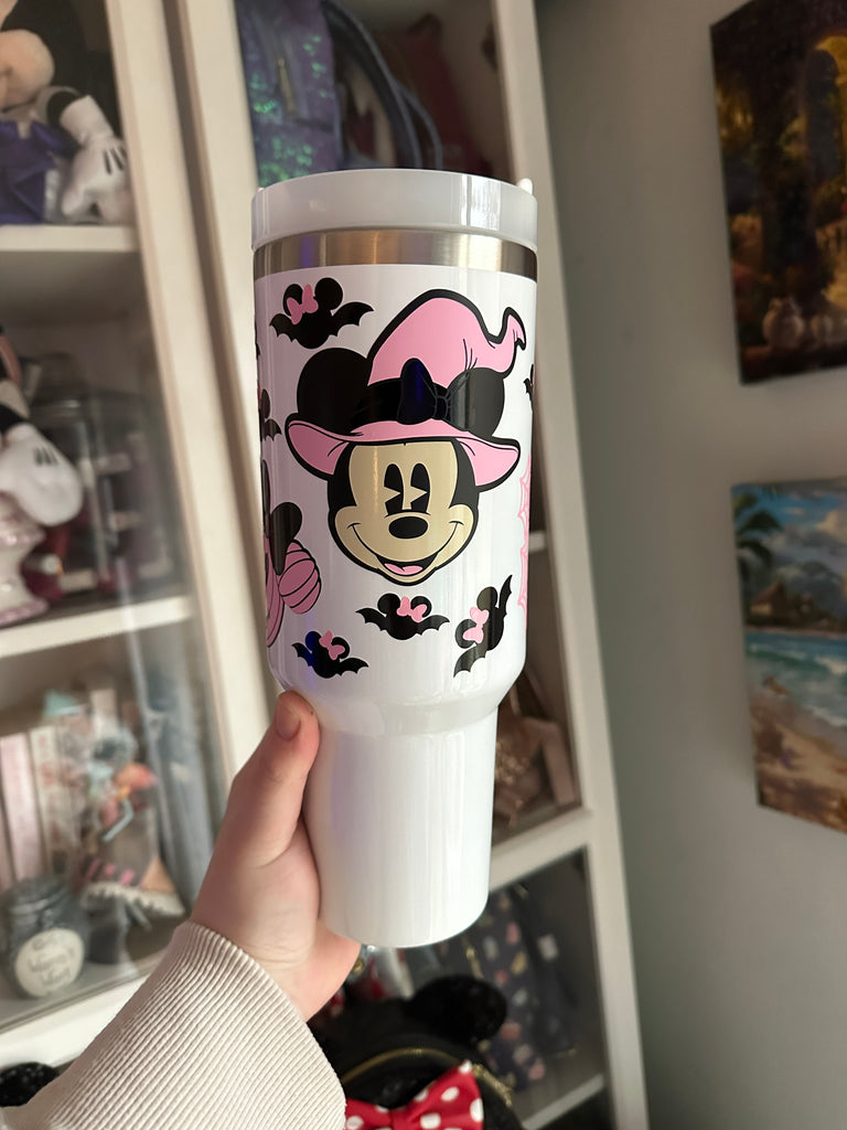 RTS 40 oz White Tumbler w/ Pink and Black Mouse Halloween