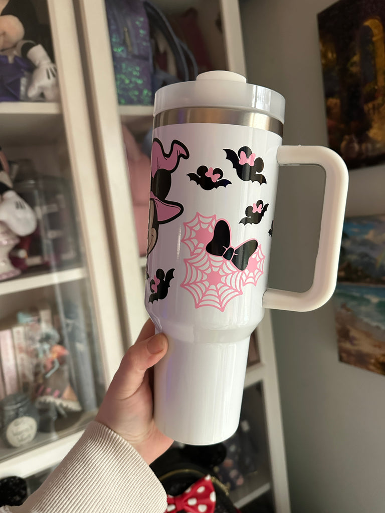 RTS 40 oz White Tumbler w/ Pink and Black Mouse Halloween