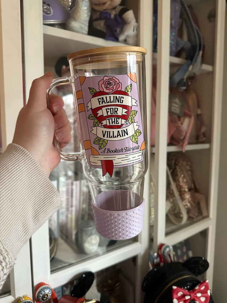 Ready to Ship 40 oz Glass Tumbler w/ Handle and Lilac Bumper: Bookish Villain