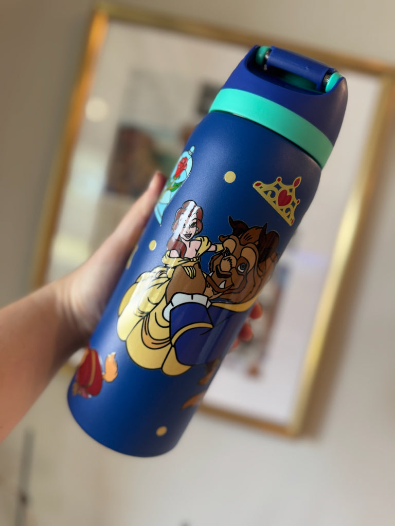 RTS 32 oz Blue Stainless Steel Water Bottle w/ Beauty and the Beast Inspired