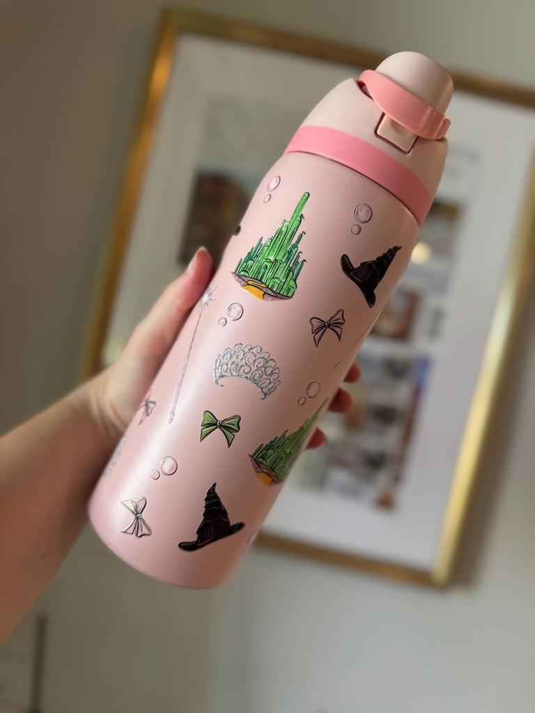 RTS 32 oz Pink Stainless Steel Water Bottle w/ Witches Inspired w/ Oz Castle