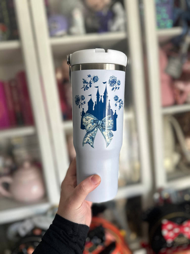 RTS White 30 oz Tumbler w/ Blue and White Mouse Head and Castle