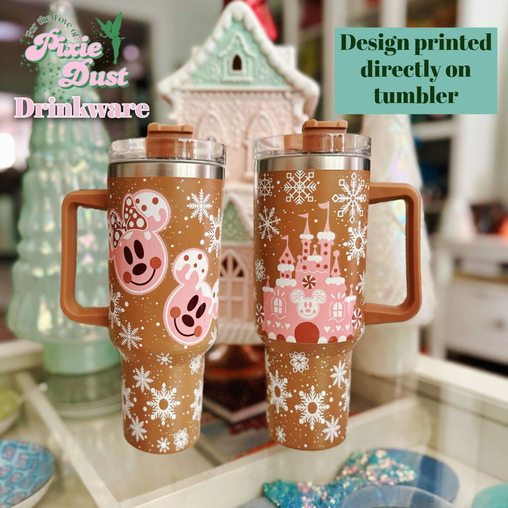 Pink Gingerbread Castle and Pink Gingerbread Faces on 40 oz Quencher Tumbler