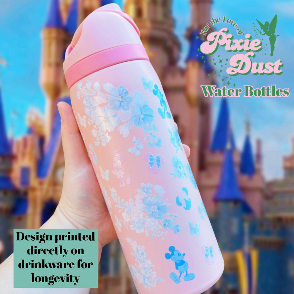READY TO SHIP: Pink and Blue Floral Design with Mouse Couple on Inspired 32 oz Sip Stainless Steel Water Bottle