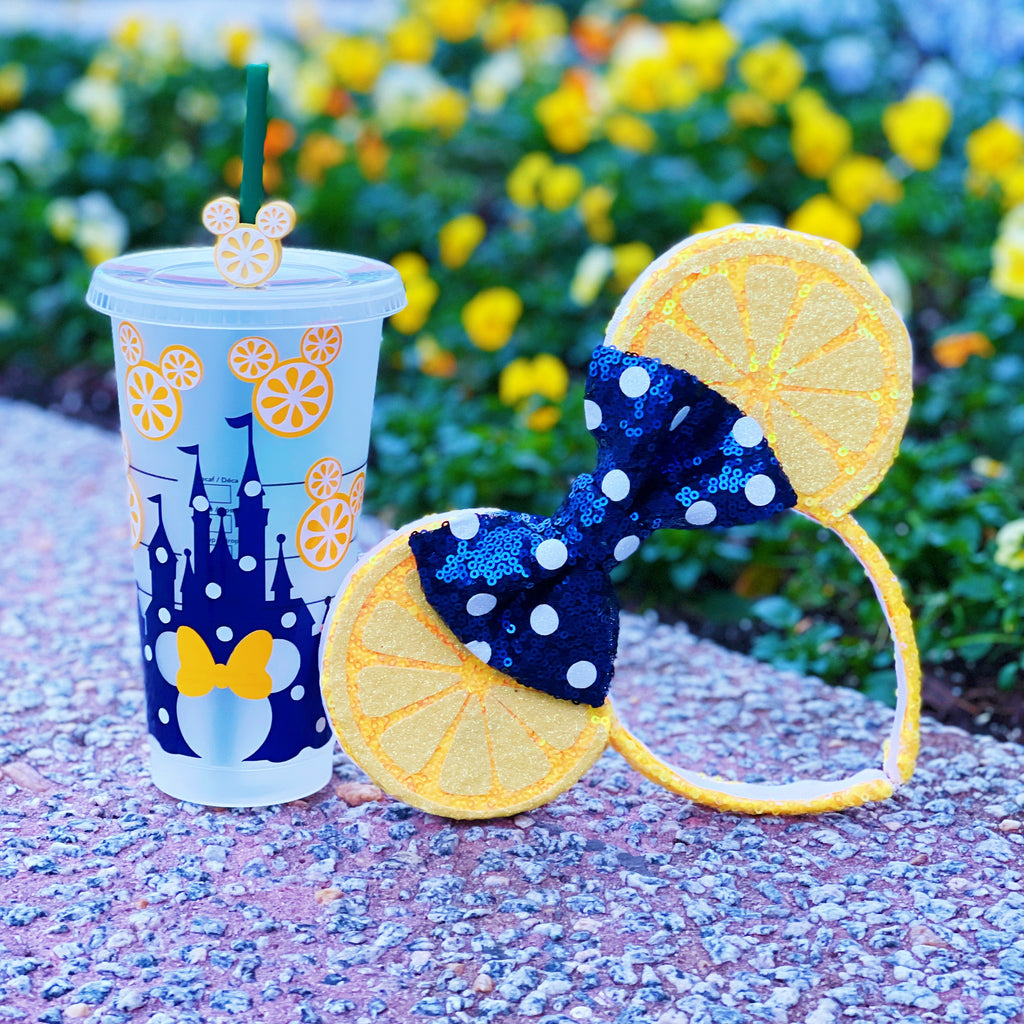 Lemon Inspired Navy Polka Castle Drinkware